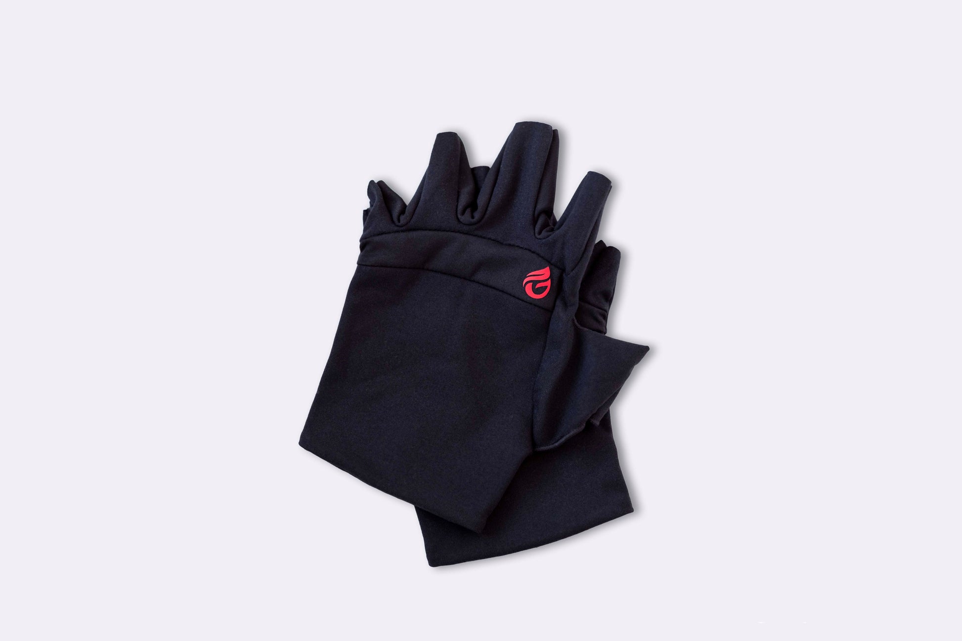 Close up image of gloves laying flat on top of one another black with red logo